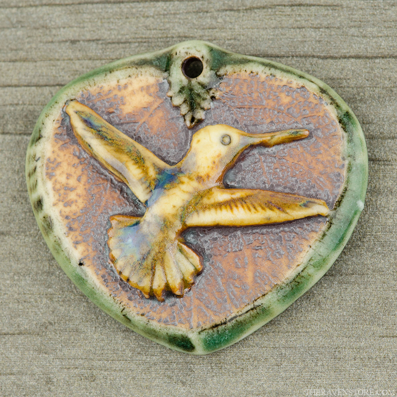 Hummingbird Porcelain Pendant High Fired Porcelain Pendant Leaf with Hummingbird Design Turquoise Glaze over an Iron Wash