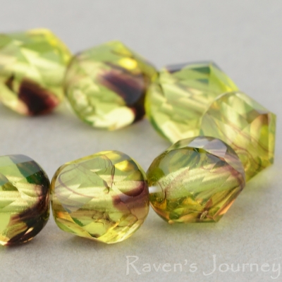 Spiral Faceted Round (8mm) Yellow Vaseline and Purple Stripe Transparent-osx