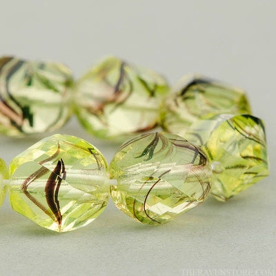 Spiral Faceted Round (10mm) Yellow Vaseline with Purple Stripe Transparent