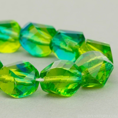 Spiral Faceted Round (10mm) Olivine and Aqua Blue Mix Transparent