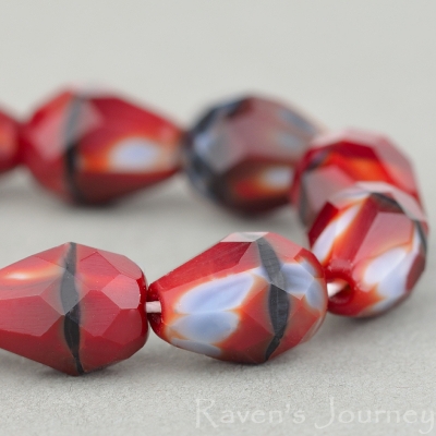 Faceted Drop (9x7mm) Red, Grey, and Jet Mix Opaque