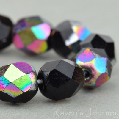Round Faceted (6mm) Jet Opaque with Vitrail-osx