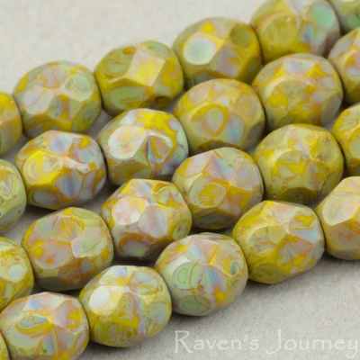 Round Faceted (4mm) Gaspeite Green Opaque with Picasso-osx