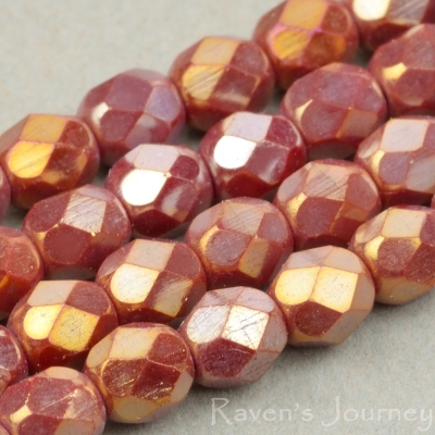 Round Faceted (4mm) Red Opaque with Golden Luster