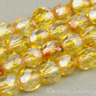 Round Faceted (4mm) Amber Transparent with Amber Luster
