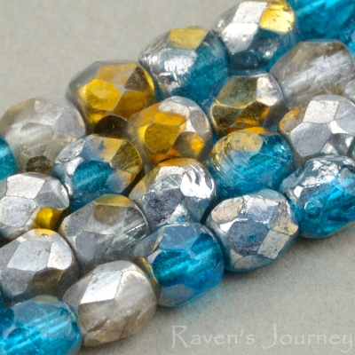 Round Faceted (4mm) Mixed Beads Aqua Crystal Transparent with Silver and Gold Half-Coat