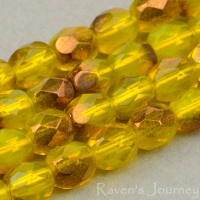 Round Faceted (4mm) Yellow Opaline with Bronze Half-Coat