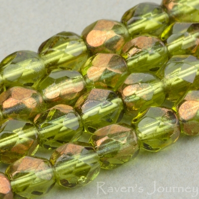 Round Faceted (4mm) Olivine Green Transparent with Bronze Half-Coat