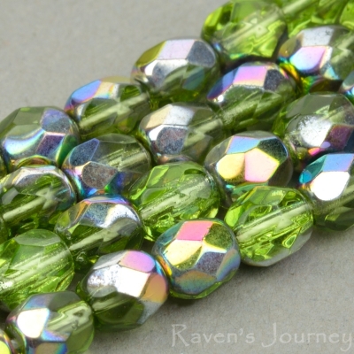 Round Faceted (4mm) Green Transparent with Vitrail