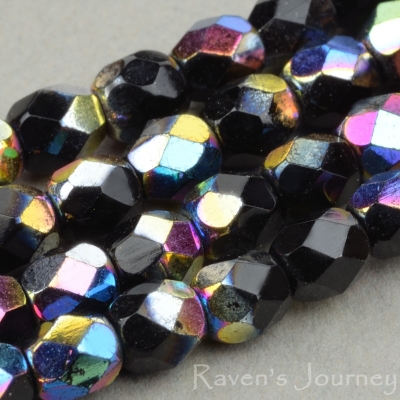 Round Faceted (4mm) Jet Opaque with Vitrail, 8 Strand of 50 Beads per Unit  * Last Unit Remaining*