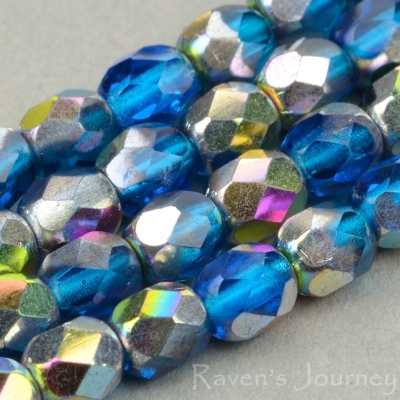 Round Faceted (4mm) Aqua Blue Dark Transparent with Vitrail