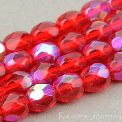 Round Faceted (4mm) Red Ruby Transparent with AB