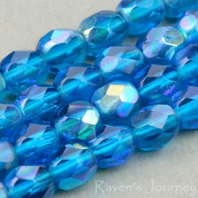 Round Faceted (4mm) Aqua Dark Transparent with AB