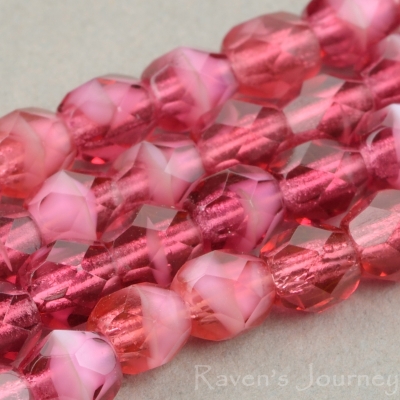 Round Faceted (4mm) Fuchsia White Core Transparent Opaque-osx