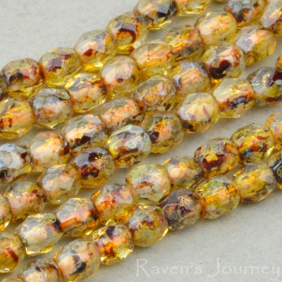 Round Faceted (3mm) Amber Brown Transparent with Picasso