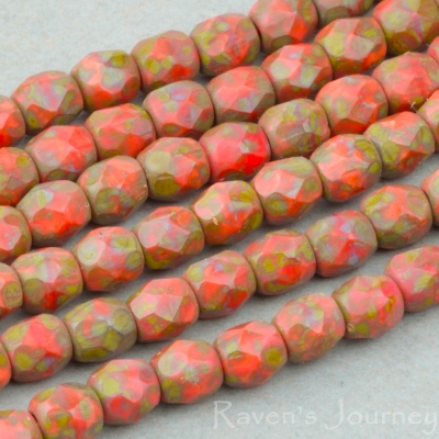 Round Faceted (3mm) Orange Opaque with Picasso