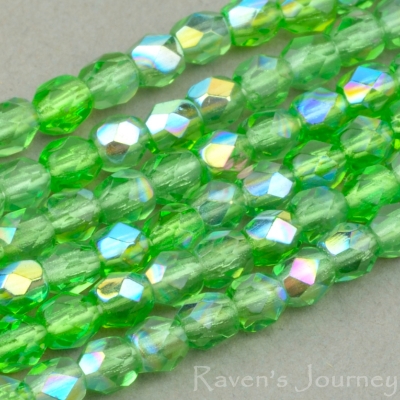 Round Faceted (3mm) Emerald Green Transparent with AB