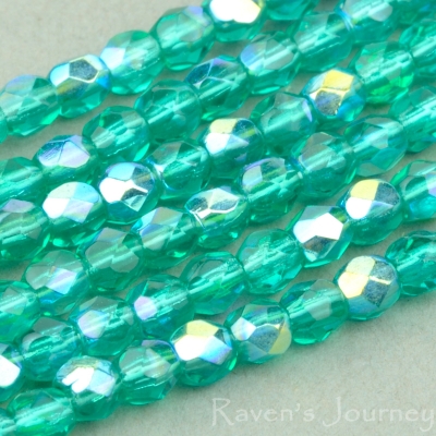 Round Faceted (3mm) Aqua Green Transparent with AB