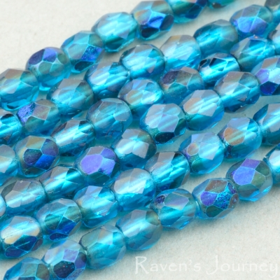 Round Faceted (3mm) Dark Aqua Transparent with Blue Iris-osx
