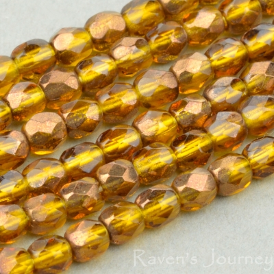 Round Faceted (3mm) Amber Transparent with Bronze Half-Coat-osx