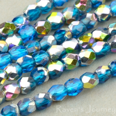 Round Faceted (3mm) Dark Aqua Transparent with Vitrail-osx