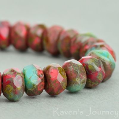 Rondelle (5x3mm) Red Coral Opaque and Turquoise Opaque Mix with Picasso Fullcoat