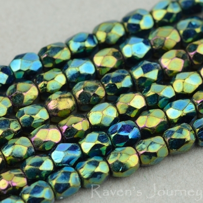 Round Faceted (3mm) Green and Blue Peacock Finish Opaque