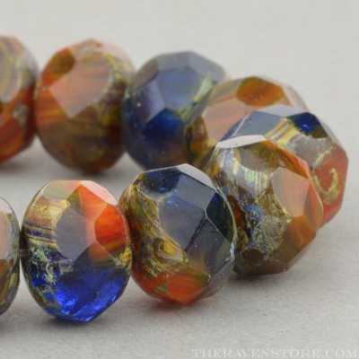Rondelle (9x6mm) Orange, Brown, Cobalt Mix Opaque Transparent with Picasso