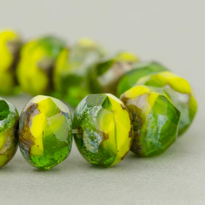 Rondelle (9x6mm) Gaspeite Green and Olivine Mix Opaque and Transparent with Picasso Finish