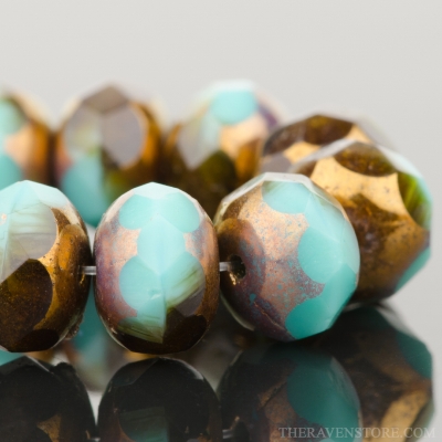 Rondelle (9x6mm) Turquoise, Green, and Dark Topaz Opaque with Bronze Finish, 11 Strands of 25 Beads per Unit *Last Unit Remaining*