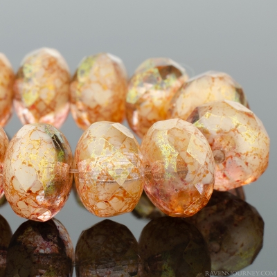 Rondelle (9x6mm) Ivory Opaque and Crystal Transparent Mix with Marbled Golden Pink Luster