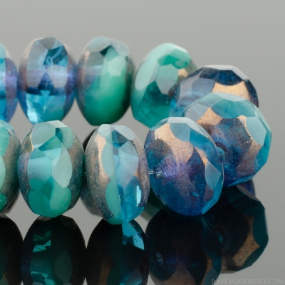 Rondelle (7x5mm) Aqua Blue Transparent and Turquoise Opaque Mix with Bronze Finish