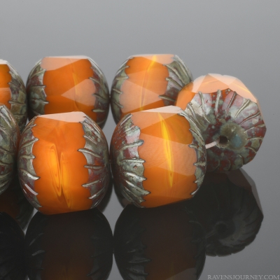 Center Faceted Cruller (10x10mm) Orange Opaline with Picasso Finish