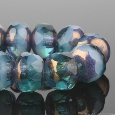 Rondelle (5x3mm) Emerald Green Vaseline Transparent and Sapphire Blue Opaline Mix with Bronze Finish-osx