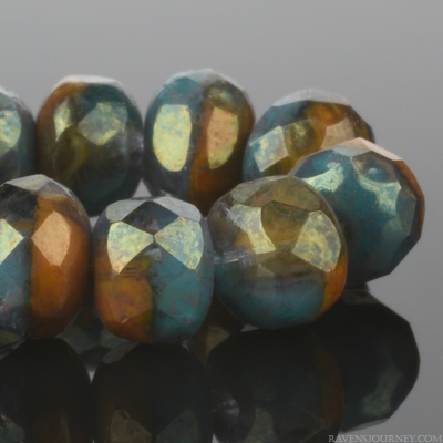 Rondelle (5x3mm) Turquoise and Orange Opaque Mix with Marbled Gold Finish