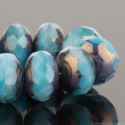 Rondelle (9x6mm) Larimar Blue Vaseline Opaline Mix with Bronze Finish