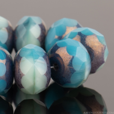 Rondelle (9x6mm) Turquoise Opaque and Light Sea Green Vaseline Silk Mix with Bronze Finish