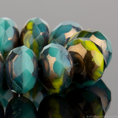 Rondelle (9x6mm) Turquoise Opaque, Gaspeite Green Opaque, and Green Transparent Mix with Bronze Finish