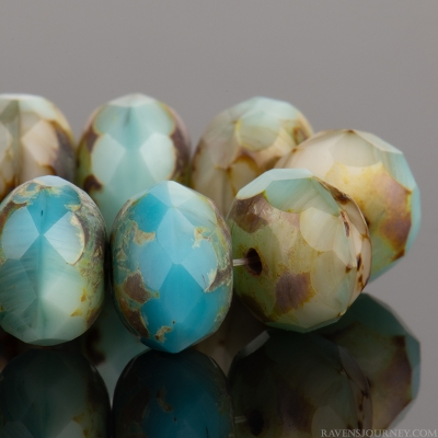 Rondelle (9x6mm) Sky Blue Vaseline Silk, Ivory Opaque, and Beige Opaque Mix with Picasso Finish