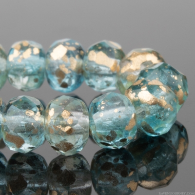 Rondelle (5x3mm) Aqua Blue and Crystal Transparent Mix with Antique Gold Finish