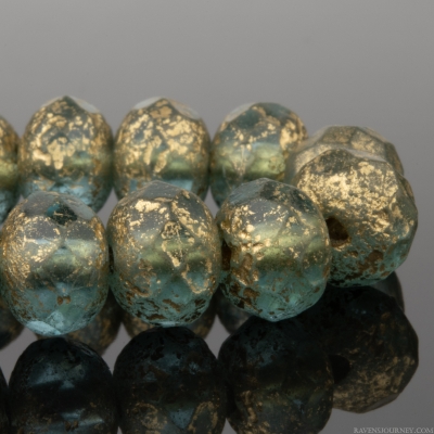 Rondelle (9x6mm) Aqua Blue Transparent with Acid Wash and Bright Gold Lining