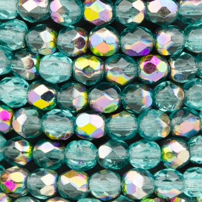 Round Faceted (4mm) Aqua Blue Transparent with Vitrail Finish