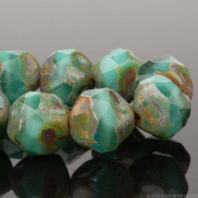 Baroque Central Cut (9mm) Turquoise Green Opaque and Aqua Blue Transparent Mix with Picasso Finish