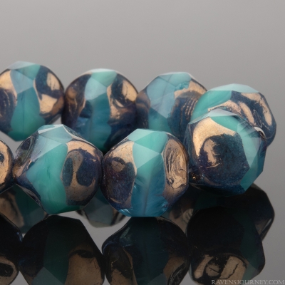 Baroque Central Cut (9mm) Turquoise Blue Opaque and Aqua Blue Transparent Mix with Bronze Finish