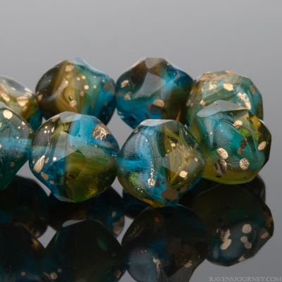 Baroque Central Cut (9mm) Amber and Capri Blue Transparent with Antique Gold Finish