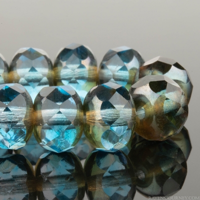 Rondelle (9x6mm) Aqua Blue Montana and Crystal Transparent Mix with White Bronze Finish