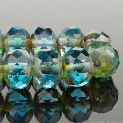 Rondelle (9x6mm) Aqua Blue and Crystal Transparent Mix with Picasso Finish