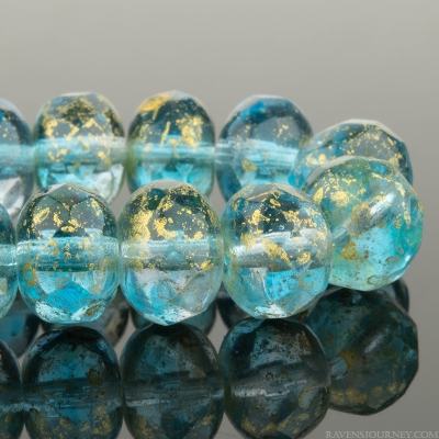 Rondelle (9x6mm) Aqua Blue and Crystal Transparent Mix with Antique Gold Finish