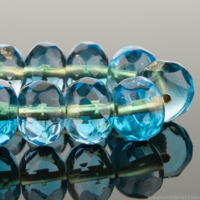 Rondelle (9x6mm) Aqua Blue and Crystal Transparent Mix with Gold Lining