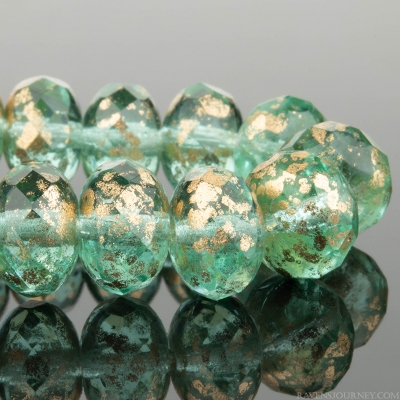 Rondelle (9x6mm) Aqua Green Light Transparent with Antique Gold Finish